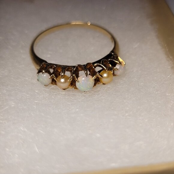 Opal Pearl Antique Gold Ring October Birthstone - Picture 6 of 16